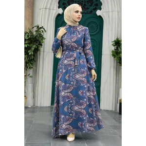 Neva Style - Çiçek Desenli Indigo Mavisi Tesettür Elbise 279081IM