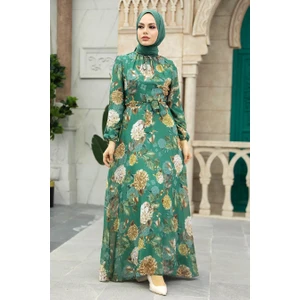 Neva Style - Çiçek Desenli Yeşil Tesettür Elbise 279083Y