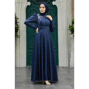 Neva Style Tesettürlü Abiye Elbise - Saten Lacivert Tesettür Abiye Elbise 22301L
