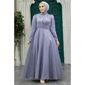 Neva Style Tesettürlü Abiye Elbise - Saten Gri Tesettür Abiye Elbise 22301GR