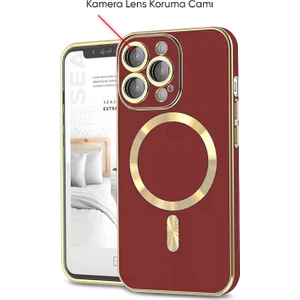 Apple iPhone 13 Pro Kılıf Magsafe Golden Silikon Kılıf (Kablosuz Şarj Destekli) Kırmızı