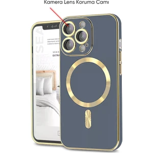 Apple iPhone 13 Pro Kılıf Magsafe Golden Silikon Kılıf (Kablosuz Şarj Destekli) Eflatun
