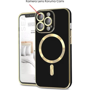 Apple iPhone 13 Pro Max Kılıf Magsafe Golden Silikon Kılıf (Kablosuz Şarj Destekli) Siyah