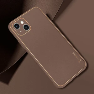 Apple iPhone 14 Plus Kılıf Zebana Gold Design Deri Kılıf Kahverengi