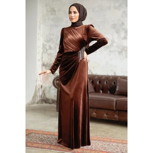 Neva Style - Drape Detaylı Kahverengi Tesettür Kadife Elbise 36891KH