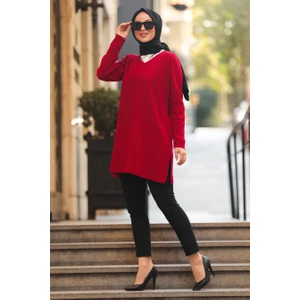 Neva Style - Kırmızı Tesettür Triko Tunik 18120K