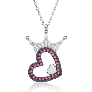 İndigo Takı Fuşya Kalpli Beyaz Kraliçe Tacı Gümüş Kolye