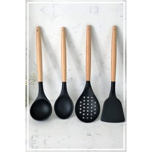 Silikon Bambu Saplı 4 Parça Mutfak Servis Seti Siyah(Kepçe-Kaşık-Kevgir-Spatula)Siyah