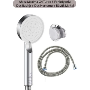Maxima Gri Turbo Fan 5 Fonksiyonlu Duş Başlığı ve Duş Hortumu ve Mafsal Duş Seti