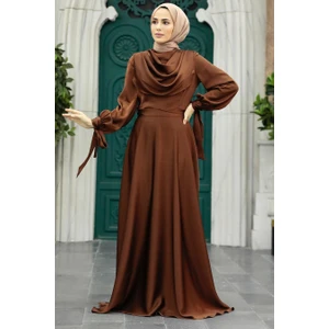 Neva Style Tesettürlü Abiye Elbise - Kahverengi Saten Tesettür Abiye Elbise 38031KH