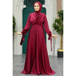 Neva Style Tesettürlü Abiye Elbise - Bordo Saten Tesettür Abiye Elbise 38031BR