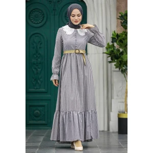 Neva Style - Ekoseli Mürdüm Tesettür Elbise 2711MU