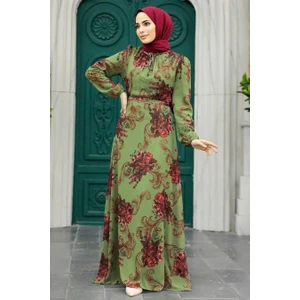 Neva Style - Çiçek Desenli Haki Tesettür Elbise 27921HK