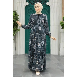 Neva Style - Desenli Siyah Tesettür Elbise 33561S