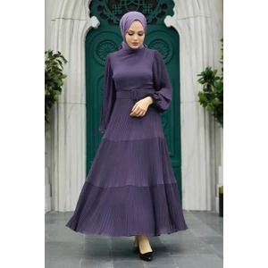 Neva Style - Kemerli Koyu Lila Tesettür Elbise 3590KLILA