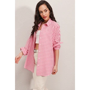 3900 Oversize Kareli Gömlek - Y.pembe