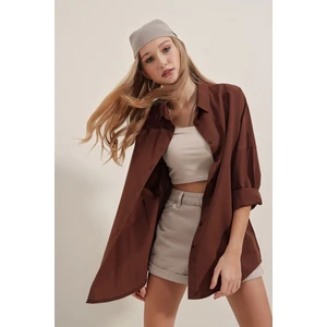 3900 Oversize Uzun Basic Gömlek - Kahverengi