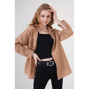 3900 Oversize Uzun Basic Gömlek - Camel