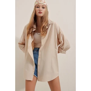 3900 Oversize Uzun Basic Gömlek - Krem
