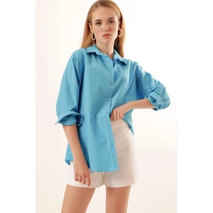 3900 Oversize Uzun Basic Gömlek - Koyu Mavi