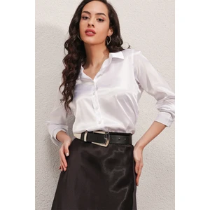 3964 Hafif Dökümlü Saten Gömlek - Beyaz