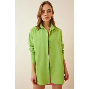 Kadın Fıstık Yeşili Oversize Uzun Basic Gömlek HZL22W-BD139001