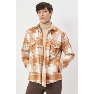 Altınyıldız Classics Erkek Vızon-ekru Oversize Bol Kesim Düğmeli Yaka Kareli Kışlık Gömlek Ceket