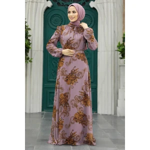 Neva Style - Çiçek Desenli Gül Kurusu Tesettür Elbise 27921GK