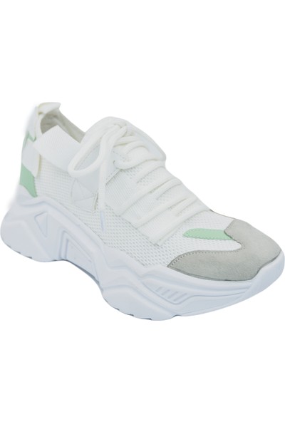 Keçeli A12721 Kalın Taban Kadın Spor Ayakkabı Beyaz Yeşil