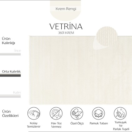 Vetrina 3601 Krem Yumuşak Dokulu Halı Kilim Salon Mutfak Koridor Kesme Yolluk Dokuma Makine Halısı