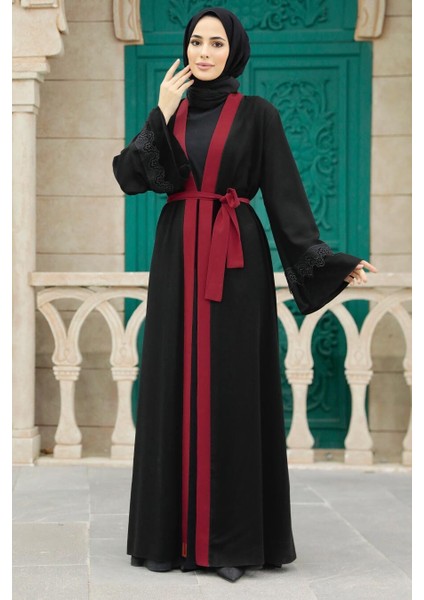 - Kemerli Bordo Tesettür Abaya 55440BR