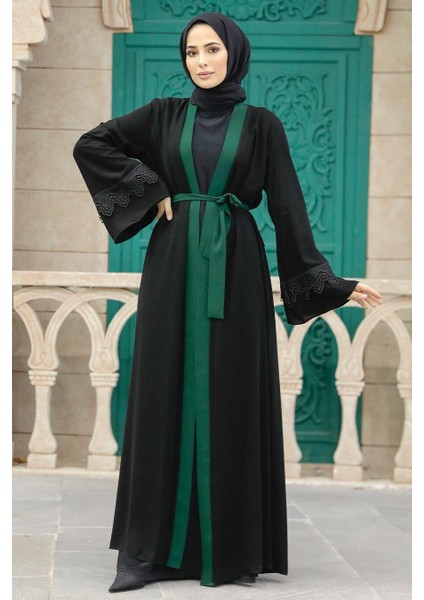 - Kemerli Yeşil Tesettür Abaya 55440Y
