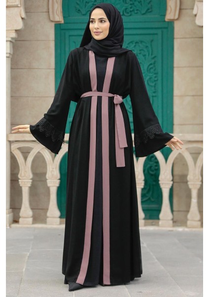 - Kemerli Gül Kurusu Tesettür Abaya 55440GK