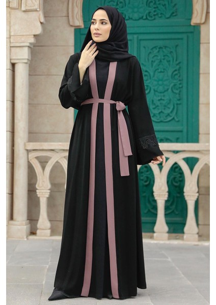 - Kemerli Gül Kurusu Tesettür Abaya 55440GK