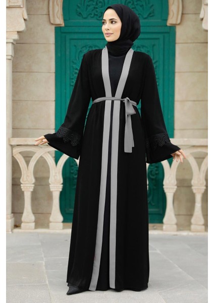 Neva Style - Kemerli Gri Tesettür Abaya 55440GR