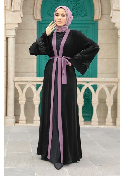 - Kemerli Koyu Gül Kurusu Tesettür Abaya 55440KGK