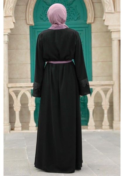 - Kemerli Koyu Gül Kurusu Tesettür Abaya 55440KGK