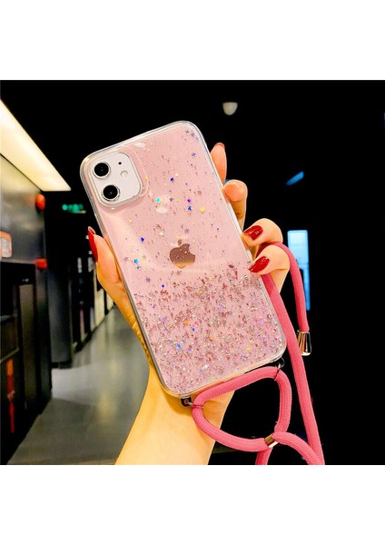 Apple iPhone 12 Mini Kılıf Zebana Simli Askılı Silikon Kılıf Pembe