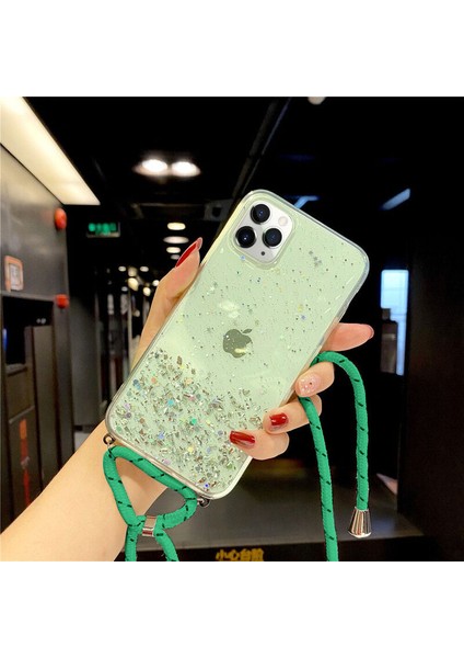 Apple iPhone 11 Pro Kılıf Zebana Simli Askılı Silikon Kılıf Yeşil