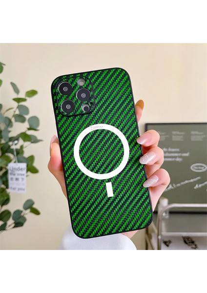 Apple iPhone 12 Pro Kılıf Zebana Karbon Fiber Magsafe Silikon Kılıf (Kablosuz Şarj Destekli) Yeşil