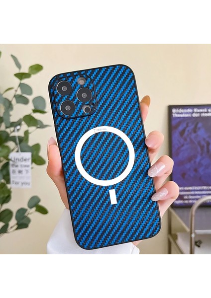 Apple iPhone 12 Pro Max Kılıf Zebana Karbon Fiber Magsafe Silikon Kılıf (Kablosuz Şarj Destekli) Mavi