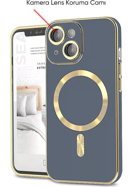 Apple iPhone 14 Plus Kılıf Magsafe Golden Silikon Kılıf (Kablosuz Şarj Destekli) Eflatun