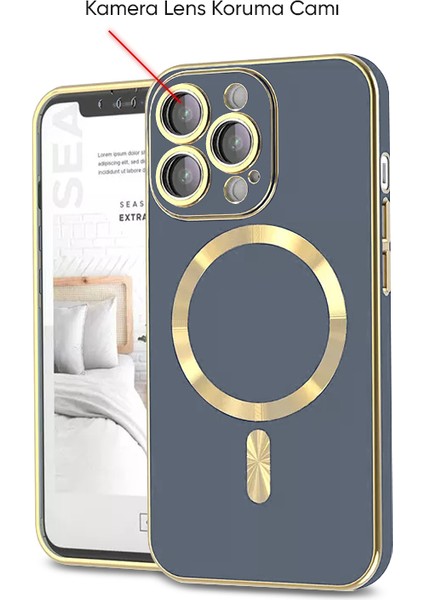 Apple iPhone 13 Pro Kılıf Magsafe Golden Silikon Kılıf (Kablosuz Şarj Destekli) Eflatun