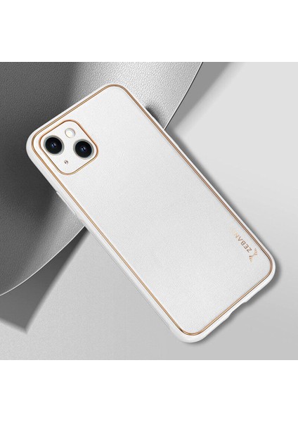 Apple iPhone 14 Plus Kılıf Zebana Gold Design Deri Kılıf Beyaz