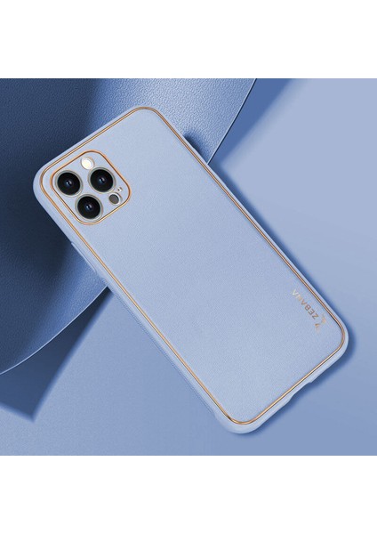 Apple iPhone 13 Pro Max Kılıf Zebana Gold Design Deri Kılıf Açık Mavi