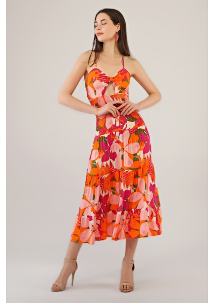 Avverkadın Gipeli Lastikli Omuz Askılıklı Elbise-Turuncu