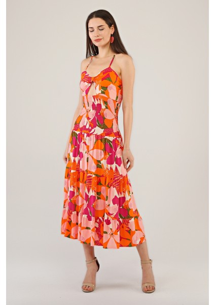 Avverkadın Gipeli Lastikli Omuz Askılıklı Elbise-Turuncu fiyatları