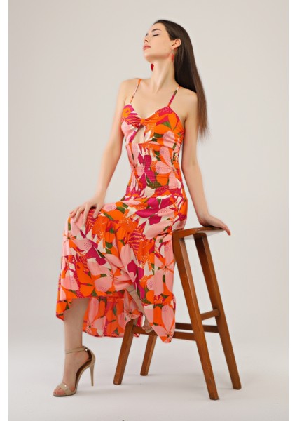 Avverkadın Gipeli Lastikli Omuz Askılıklı Elbise-Turuncu indirimleri