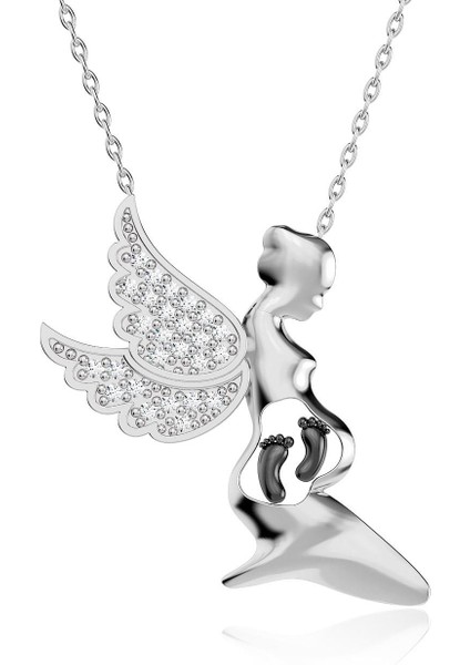 Beyaz Taşlı Melek Anne Karnında Bebek Ayak Izi Gümüş Kolye