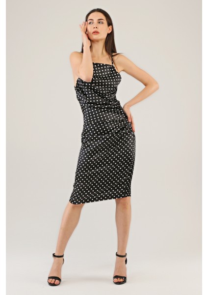 Kadın Omuz Askılı Pileli Puantiyeli Elbise fiyatları